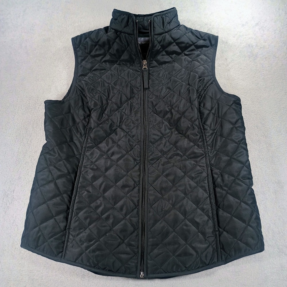 Van Heusen Women Quilted Vest Black Medium Diamond Stitch Zip Up